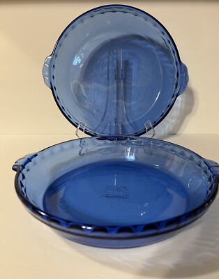 2 - Vtg Pyrex Blue Glass Fluted Pie Pans #229 Crimped Sides Deep Dish Plate 9.5 