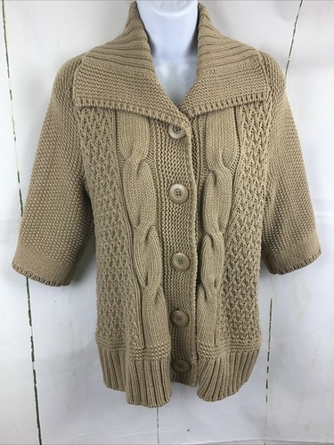 Chico’s Women’s Tan 3/4 Sleeve Button Chunky Cable Knit Cardigan Sweater 1 US M