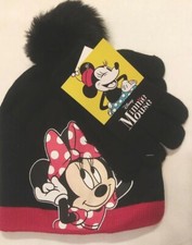 New Disney Minnie Mouse Girls' Knit Hat and Gloves Beanie Black..