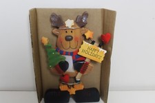 Wooden Reindeer Holding Christmas Tree and Happy Holidays Sign 8.5" New