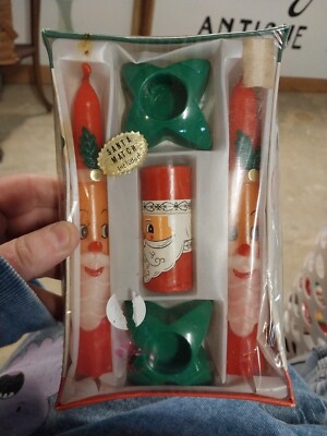 Vintage Christmas Santa Candles w Holder and Matches Set, Capri, Made In Japan