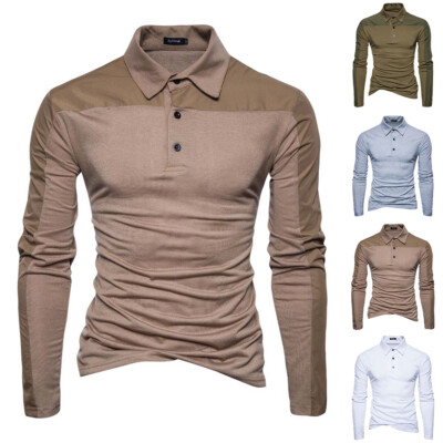 Mens Long Sleeve Solid Muscle Shirt Casual Lapel Button Slim Fit Tops T-shirts