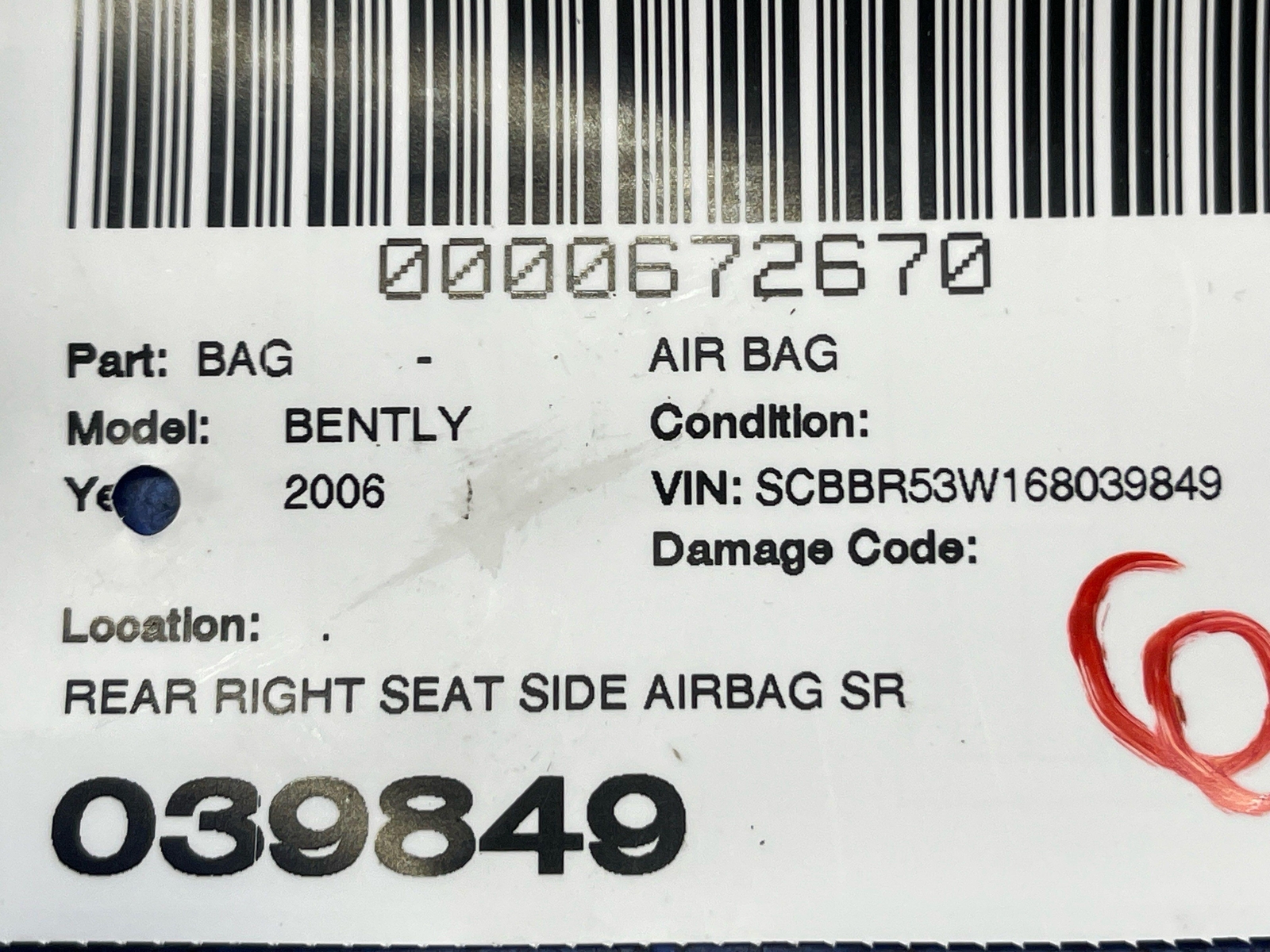 2006-2012 BENTLEY CONTINENTAL FLYING SPUR REAR RIGHT SEAT SIDE AIRBAG SRS ASSY