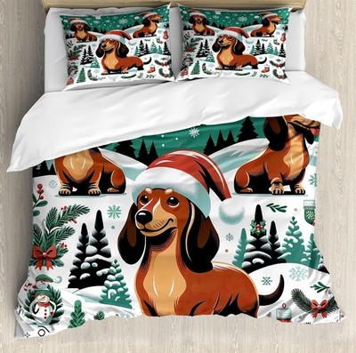 Premium Queen Duvet & Shams Set Dachshund Dog Santa Hat NIB Holiday Scene