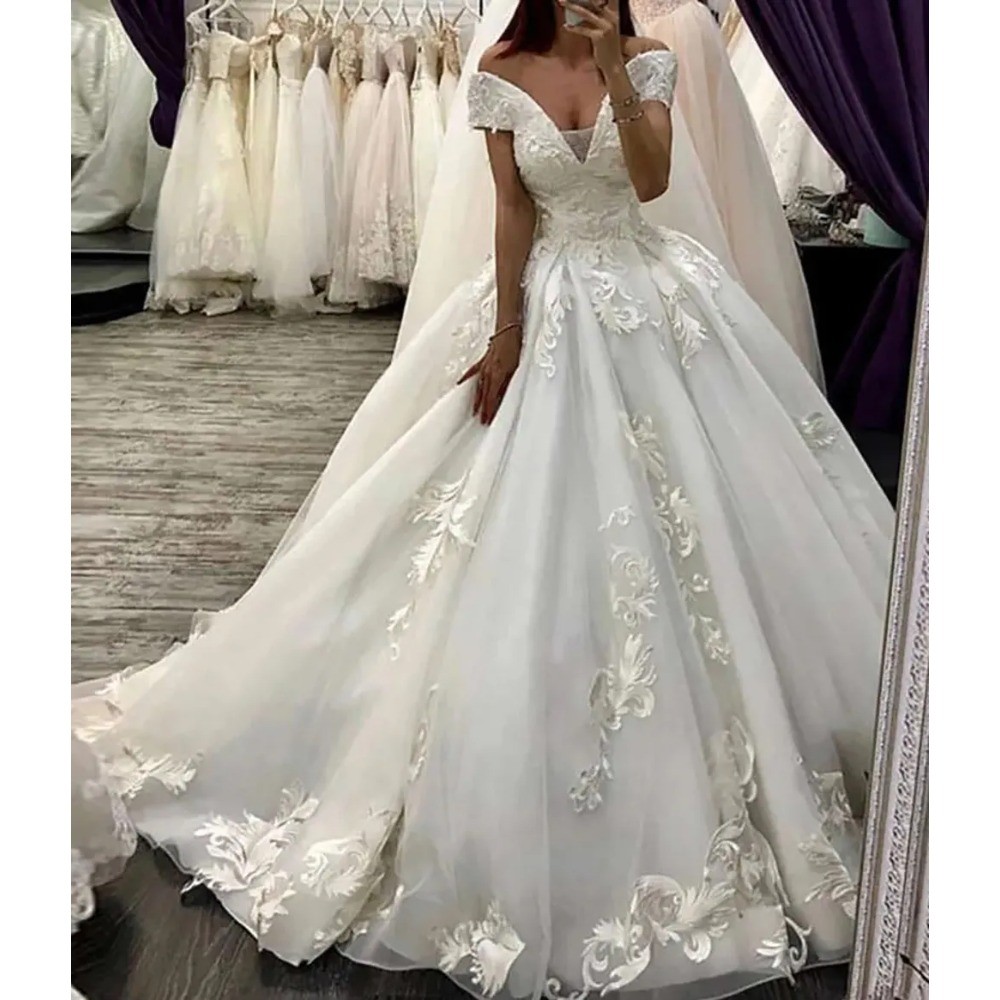 ball gown off-the-shoulder sleeveless floor-length lace satin dresses Tube Top Off-Shoulder Sleeveless Satin Bride Gowns Beaded Lace Appliqu –  Laxag