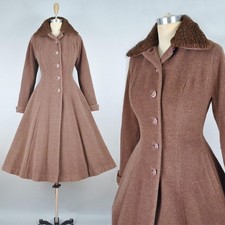 Vintage Princess Coat Wool Lamb Fur Collar Swing 1940 1950 Brown Medium