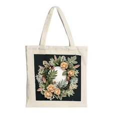 Floral Wreath Tote Bag - Peach Roses  White Flowers on Dark Canvas Perfect