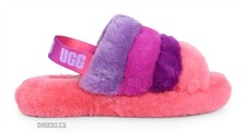 UGG Fluff Yeah Slide Purple Rainbow Fur Slippers Big Kids Size 5 NIB 