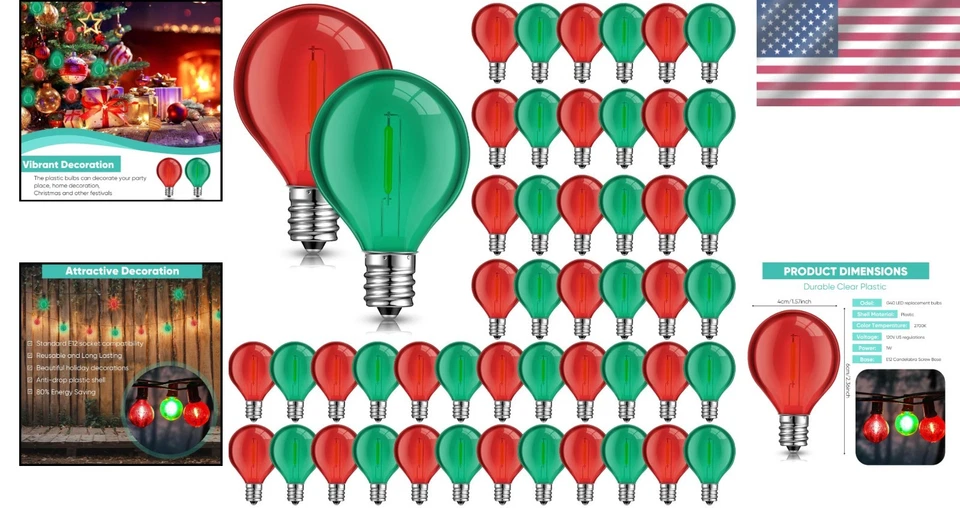 100 Pcs G40 LED Globe Bulbs - Shatterproof 1W Red & Green Lights for Decoration - Image 2 of 4