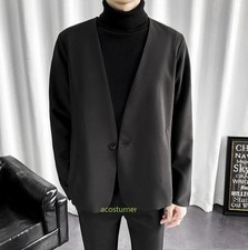 Men Long Sleeve Collarless Blazer Casual Coat Loose Holiday Coat Jacket Tops