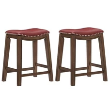 Home Square 2 Piece 24" Faux Leather Saddle Counter Stool Set in Red