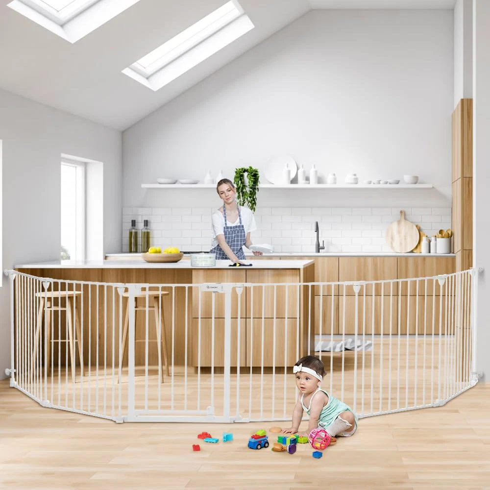 150" Extra Wide Baby Gate with Door - 6-Panel Pet Safety Fence, White