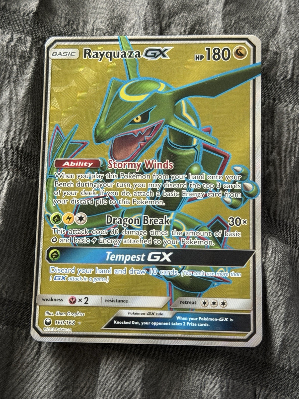 [GOOD FOR BlNDER] Rayquaza GX Full Art Holo Card 160/168 Celestial Storm Pokemon
