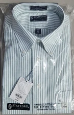 Stafford Essentials Oxford Mens Classic Fit White w/Green Stripes L-Sleeve  17 
