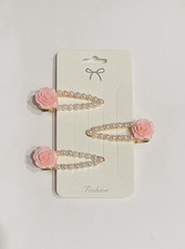 Pink Rose  Pearl Hair Clip Set Set Of 3 