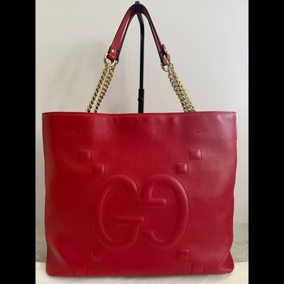 Gucci Red GG Logo Tote Bag with Gold Chain Shoulder Strap, Pouch