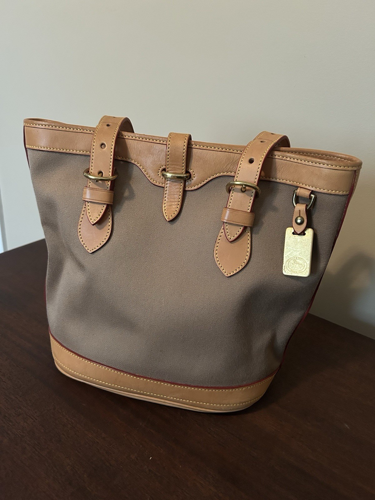 Vintage Dooney & Bourke Cabriolet Bucket Bag Taupe Canvas & Tan Vachetta Leather