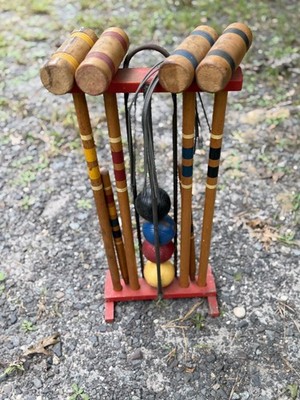 Vintage Wood Croquet Set with Stand 4 Mallets 4 Balls 2 Pegs 6 Wickets  