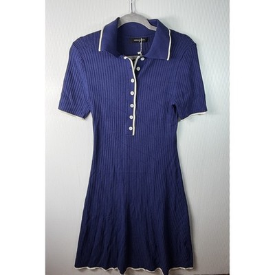 Merokeety Ribbed Knit Polo Sweater Dress Womens Medium Navy VNeck Bodycon Autumn