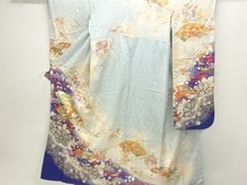 32168# JAPANESE KIMONO / ANTIQUE FURISODE / SILK / EMBROIDERY / FLOWER & BIR