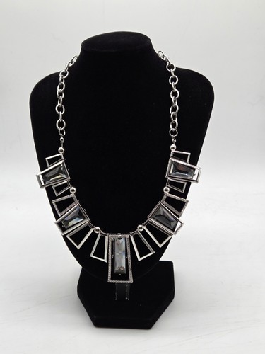 Silver Geometric Crystal Statement Necklace Art Deco Style Clear Rhinestone...