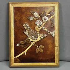Mixed Media Wood Inlay Bird Painting Laquered Art Wood Frame