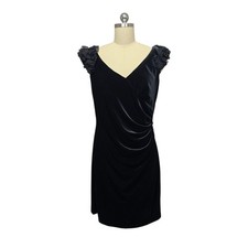 Eliza J Vintage Black Velvet Ruched V Neck Ruffle Sleeve Cocktail Dress Size 12