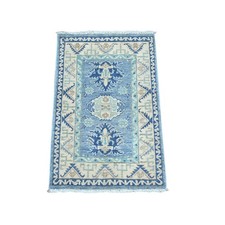 1'10"x2'9" Blue Vintage Look Kazak with Tribal Design Hand Knotted Wool Mat Rug