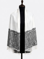 Elegant White Cashmere Feel Pashmina Shawl Paisley Fringe Wrap Scarf