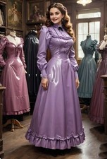 Customized Purple High Neck shiny Victorian Prom Dresses Long Sleeve Corset Back
