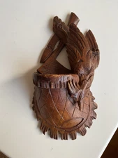 Antique Black Forest Walnut Carved Hoopoe Bird Wall Pocket