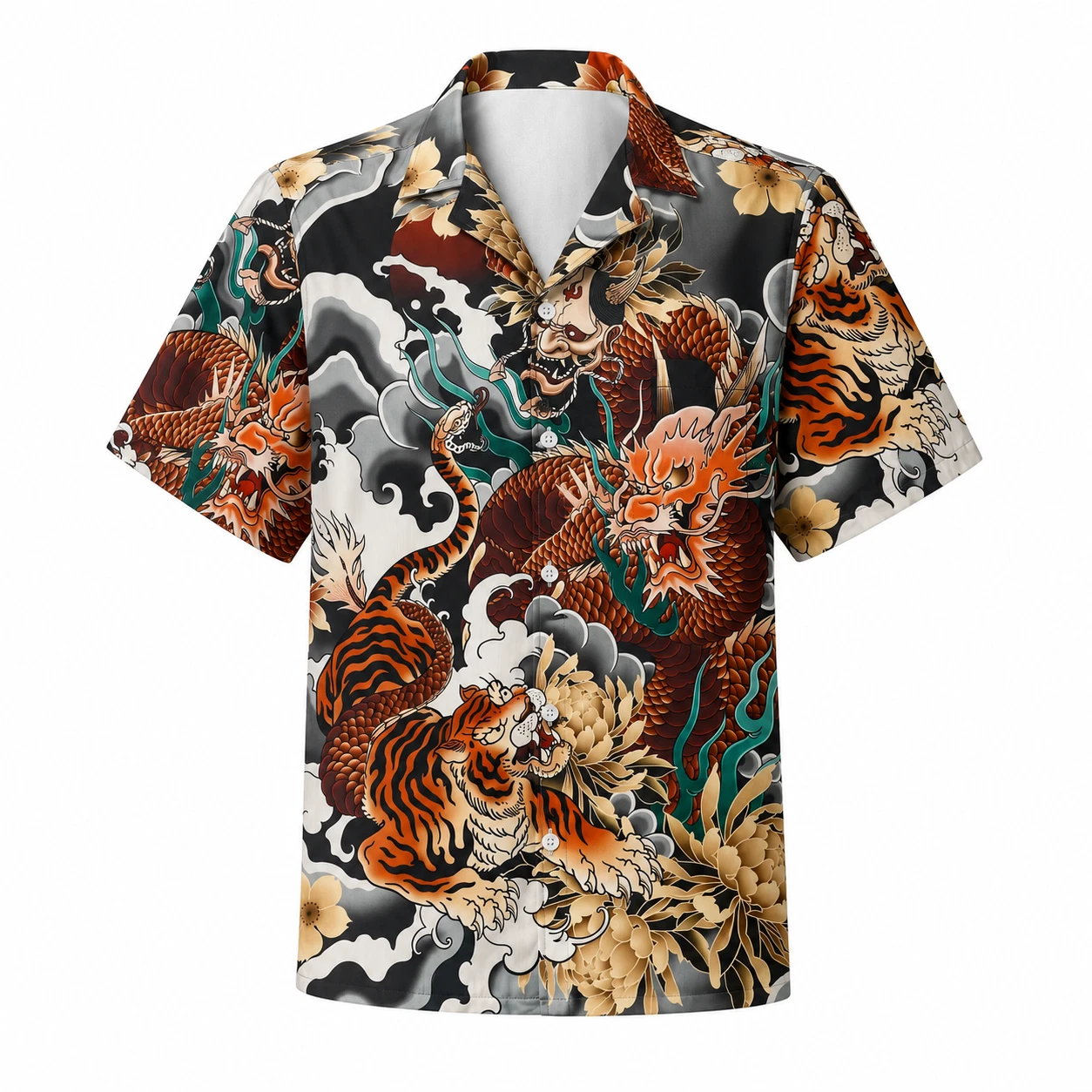 Dragon Tiger Hawaiian Shirt Men Japanese Tattoo Button Down Shirt Casual Wear