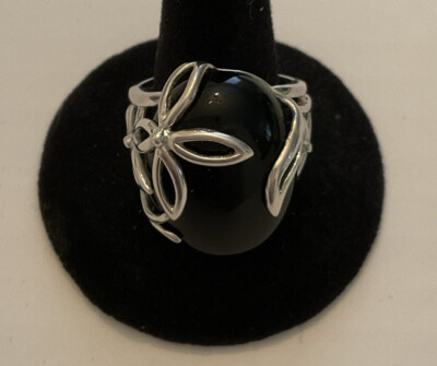 David Sigal Sterling Silver 925 Flower Leaves Onyx Oval Dome