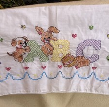 Vintage Hand Embroidered Crib Flat Sheet Cotton Blend  ABC  Puppy, Bunny