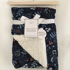NEW Baby Blanket Blue Floral Print Sherpa Reverse Cozy Baby Gift  Modern Baby