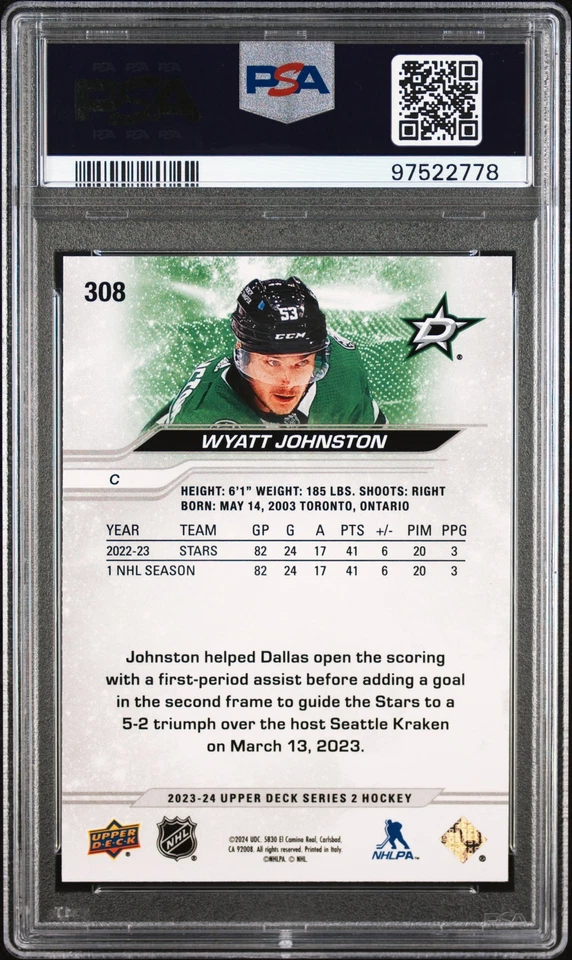 2023 Upper Deck #308 Wyatt Johnston PSA 9 - Image 2 of 2