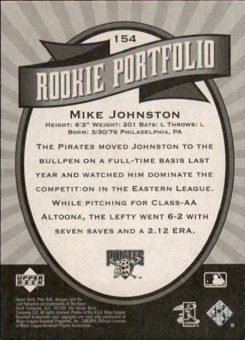 2004 Upper Deck Play Ball Rookie Portfolio #154 Mike Johnston /2004 Pirates RC - Image 2 of 2