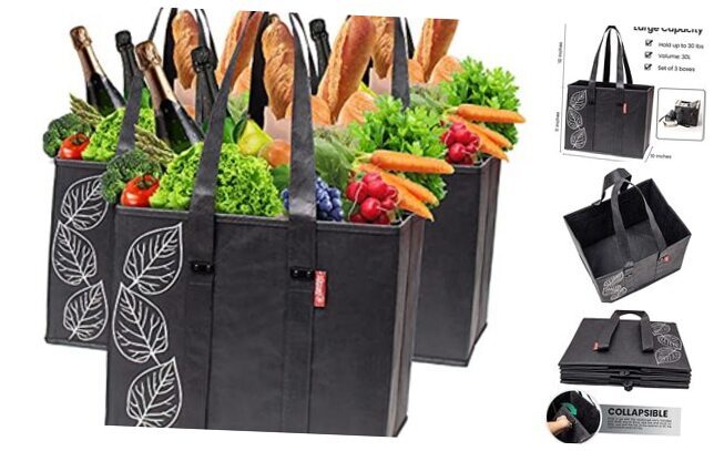 Reusable Grocery Bags - Heavy Duty Shopping Bags with Handles, Kitchen Grey