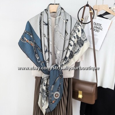 Sallys 70% Cashmere 30% Silk Tassels Print Double Face Shawl Wrap Scarf 135cm
