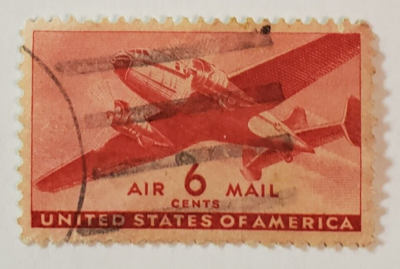 VINTAGE ~ AIR MAIL ~ Red 6 Cent Stamp ~ Cancelled/Posted ~ c.1941