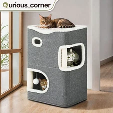 2 Tier Indoor Cat House Condo Activity Center w/ Hammock Bed & Scratching Post