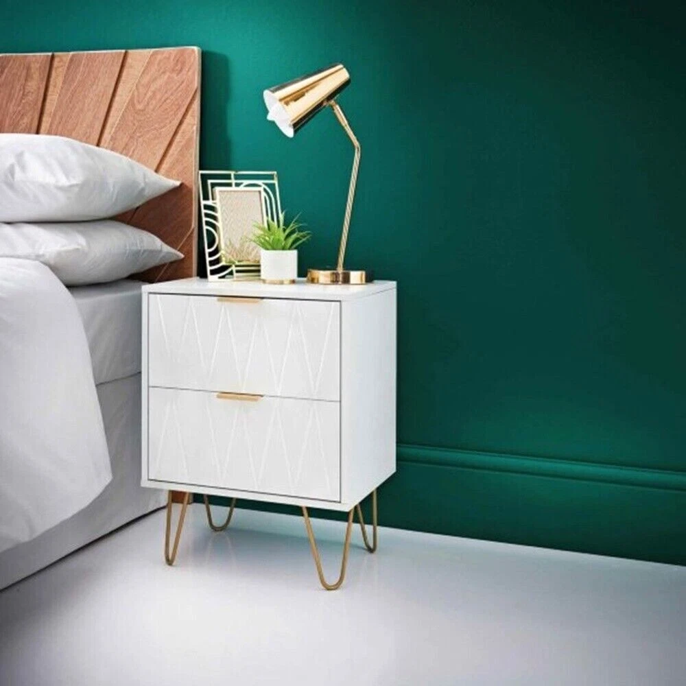 Modern Loft Studio 2 Drawer Bedside table with Gold Metal Legs WHITE GREY