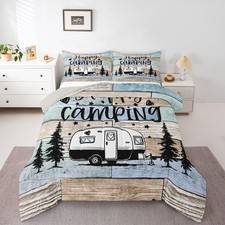 Happy Camping Bedding Set, Rustic Farmhouse Comforter Set Full Size, Camper D...