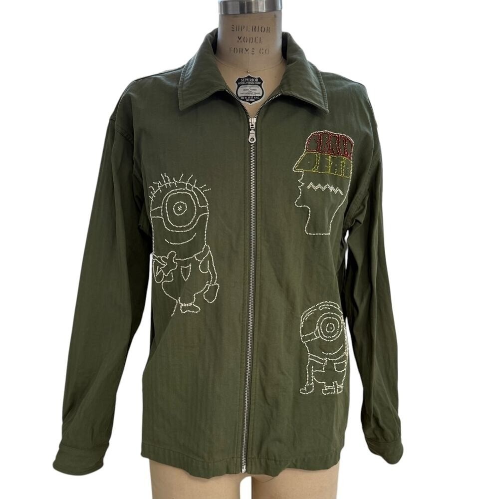 Brain Dead x Minions Jacket Green Embellished Beaded Mens Size Large Full Zip
