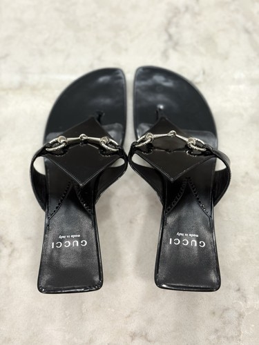 GUCCI MARIAME HORSEBIT THONG LEATHER SANDALS DOUBLE G ON HEEL WOMENS 37.5 US 7.5 - Picture 2 of 6