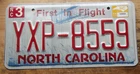 2011 NORTH CAROLINA  LICENSE PLATE YXP-8559