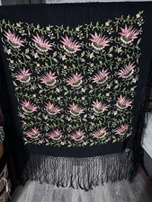 Vintage 20s 30s LARGE Silk Floral Embroidered Fringe Black Piano Shawl Scarf