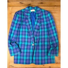 Vintage Pendleton Plaid Blazer Teal Purple Jacket Size Large Made in USA