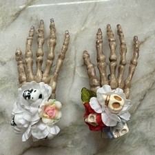 Set 2 Skeleton Hands Decorated Skulls Flowers Hair Clips Handmade