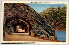 Shoshone Canyon Triple Tunnels Postcard 1940s Cody Road Yellowstone Curt Teich